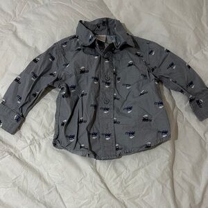 Gray Button-Up Shirt with Car Print